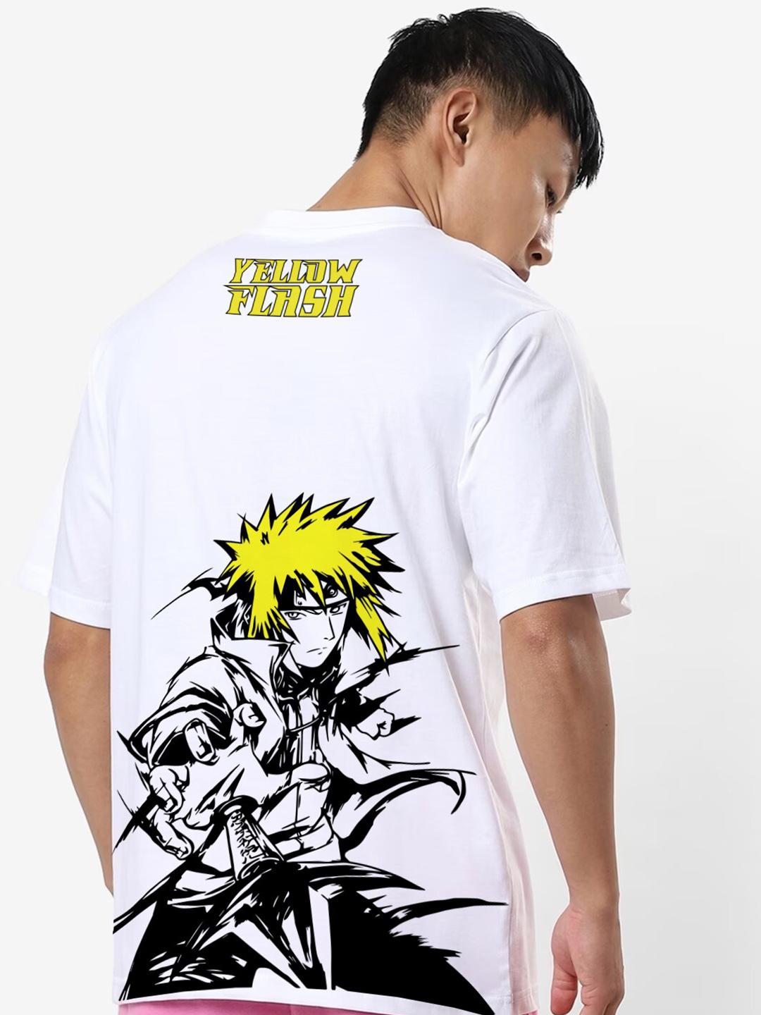 Crazymonk Men The Yellow Flash Anime Printed Cotton Oversized T-shirt