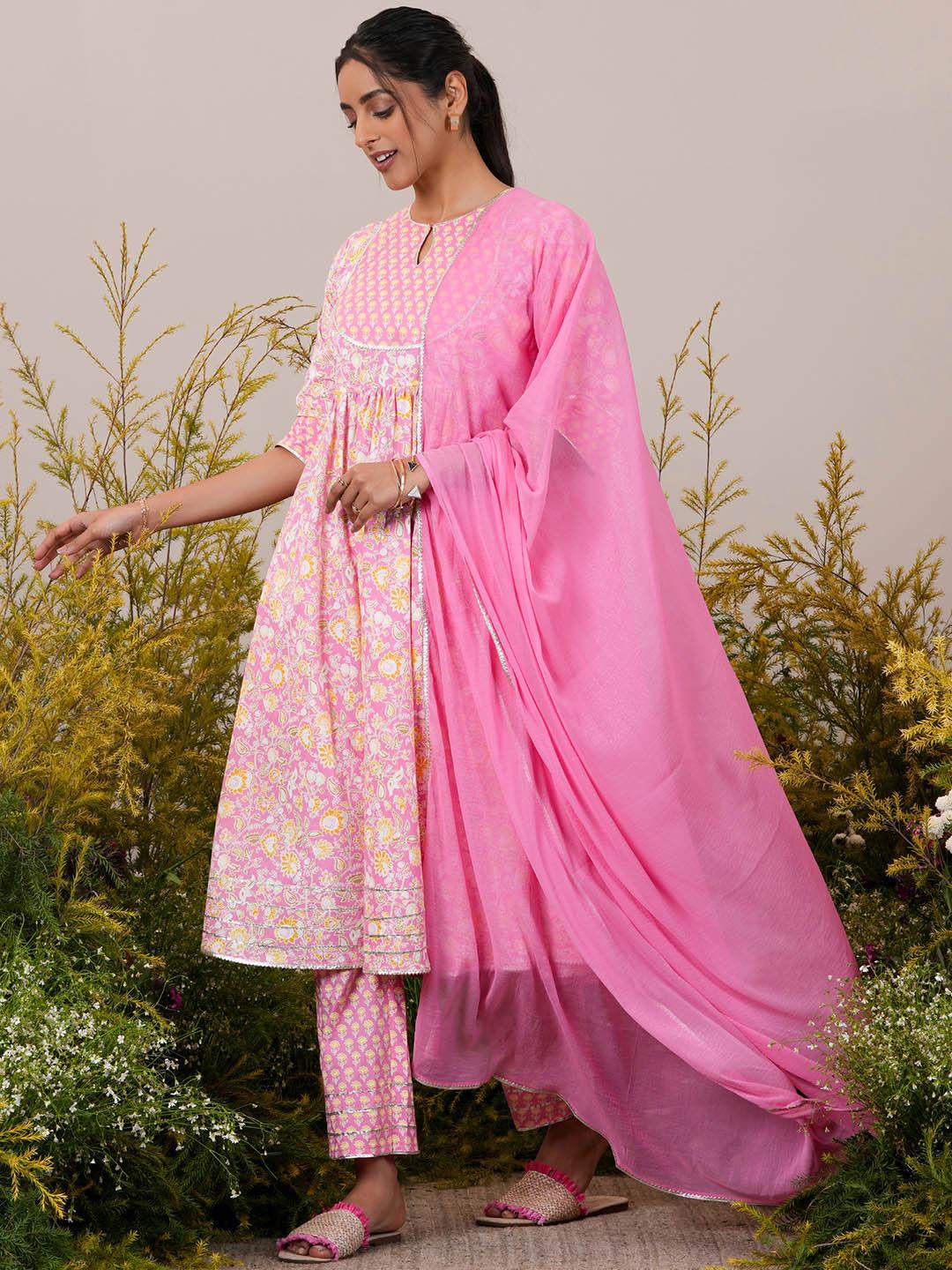 Buy Libas Womens Pink Yoke Design Cotton Anarkali Kurta With Trousers & Dupatta -  - Apparel for Women