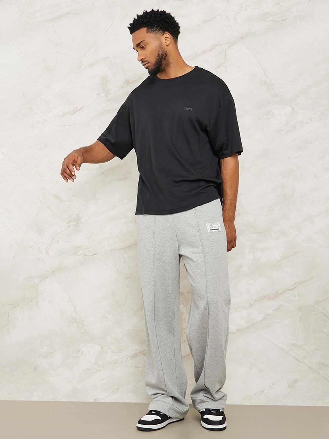 Styli Men Grey Fleece Pintuck Wide Leg Jogger
