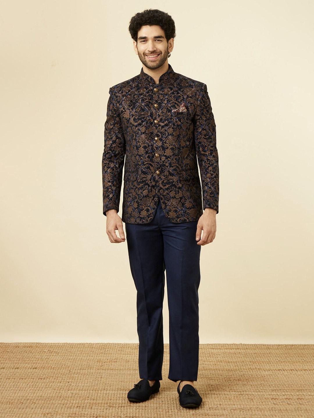 Buy Manyavar Printed Single-Breasted Bandhgala Velvet Blazer Two