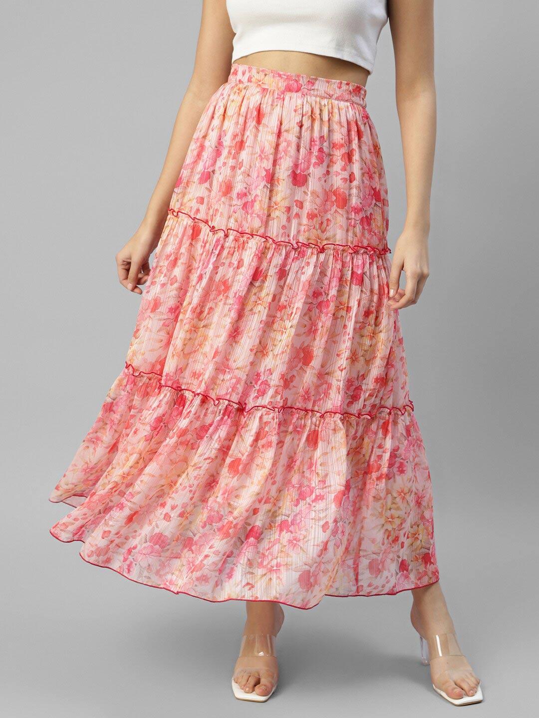 Medeshe Women's Long Floral Chiffon Maxi Skirt - Elastic Waist Beach Holiday Skirt (Multiple Lengths & Colors)