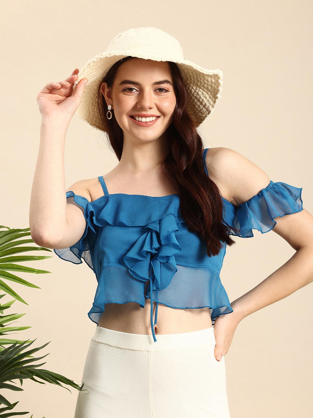 Buy Mast & Harbour Cold-Shoulder Ruffles Tie-Up Crop Top - Tops