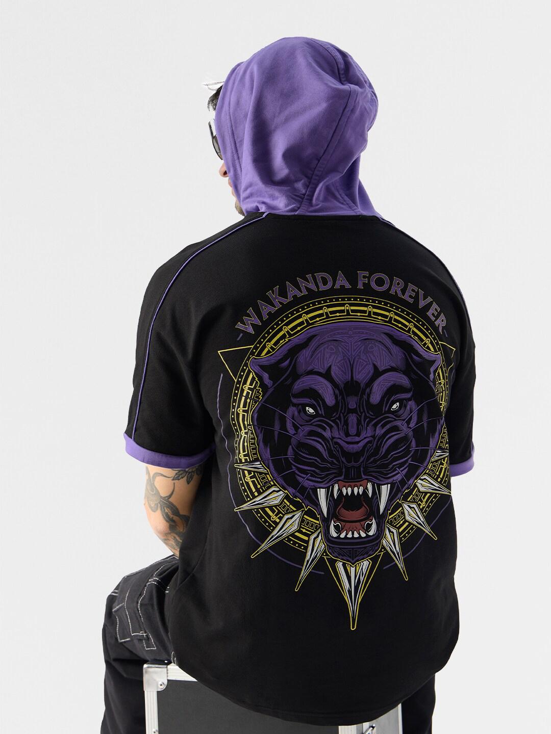 The Souled Store Black Panther Printed Pure Cotton Hooded Oversized T-shirt - Main Image