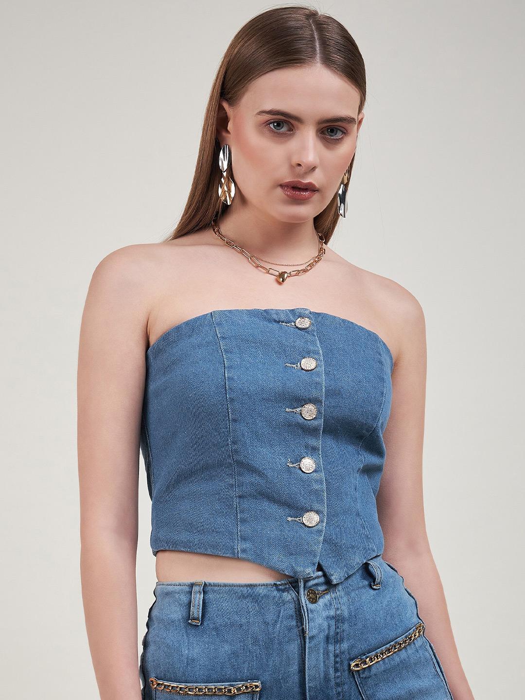 Buy STYLECAST X KASSUALLY Denim Bustier Corset Style Crop Top
