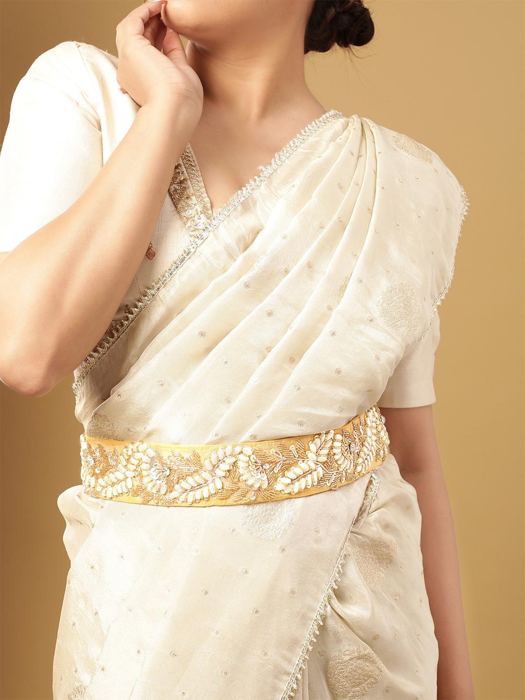 Buy Rubans Gold Fabric Embroidered Waist Belt with Pearl Beaded