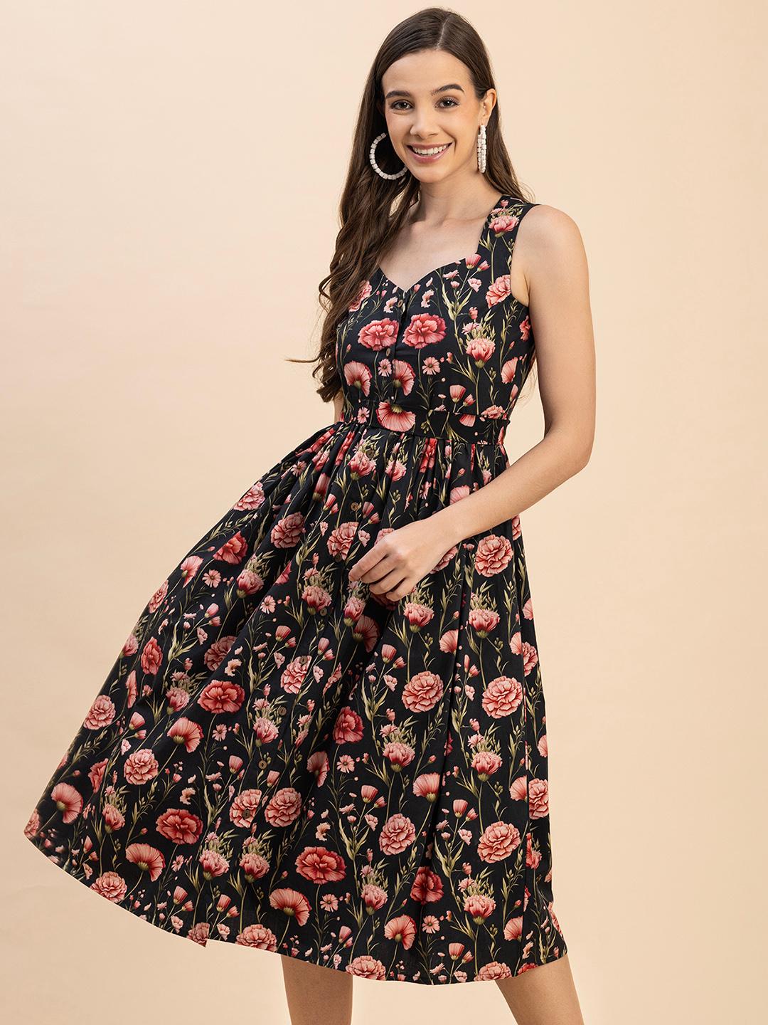 Moomaya Women's Printed Cotton Sleeveless Fit & Flare Dress - Summer Polka Dot Dress