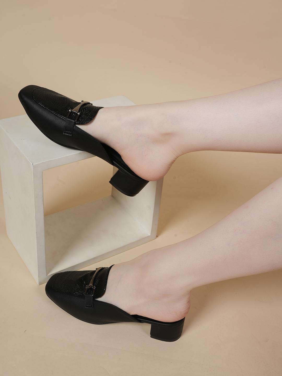 Heeled Mules Womens Black Mules Shoes Black Square Toe Gold Flower