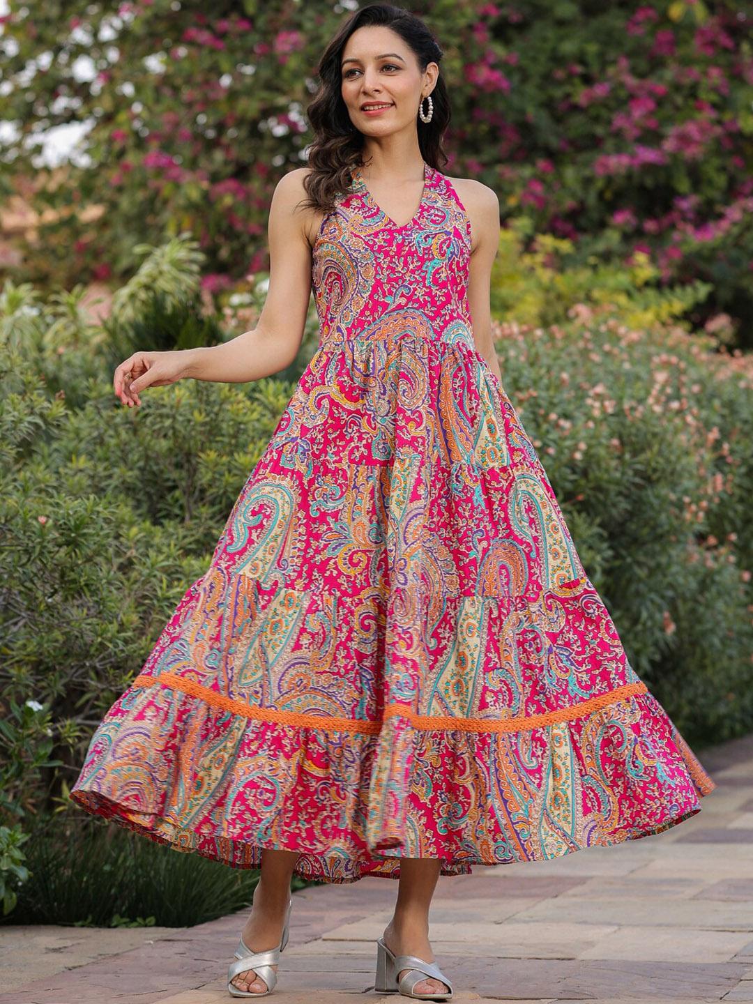 Buy Rain Rainbow Ethnic Motifs Printed Maxi Fit Flare Tiered