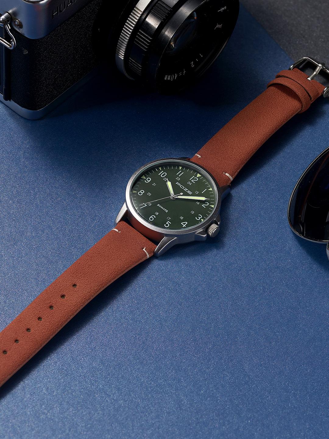 Sonata Men Brass Dial Leather Strap Watch SP70011SL01W - Image 1