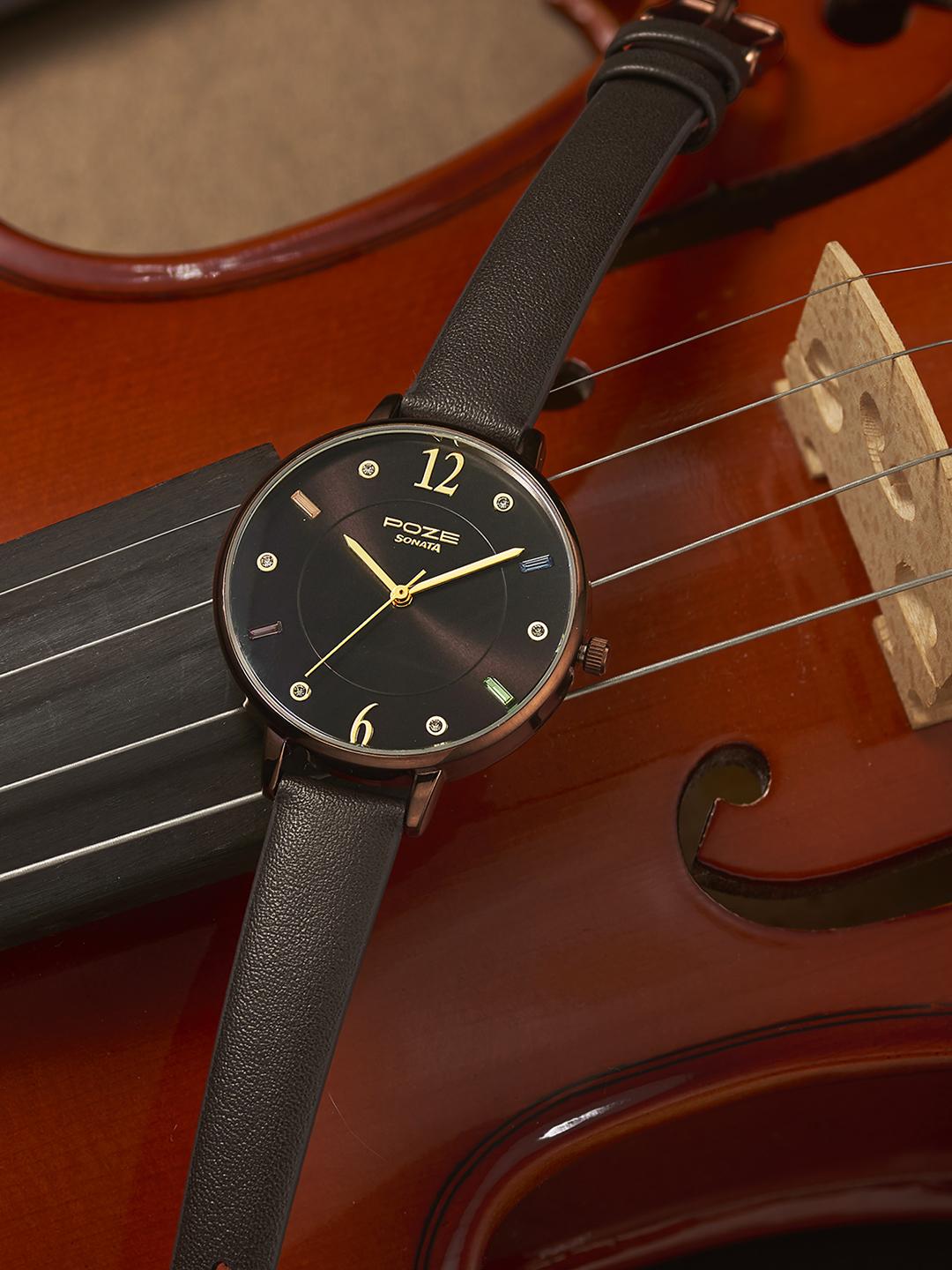 Sonata Poze Women Brass Dial Leather Strap Watch SP80033QL01W - Image 1