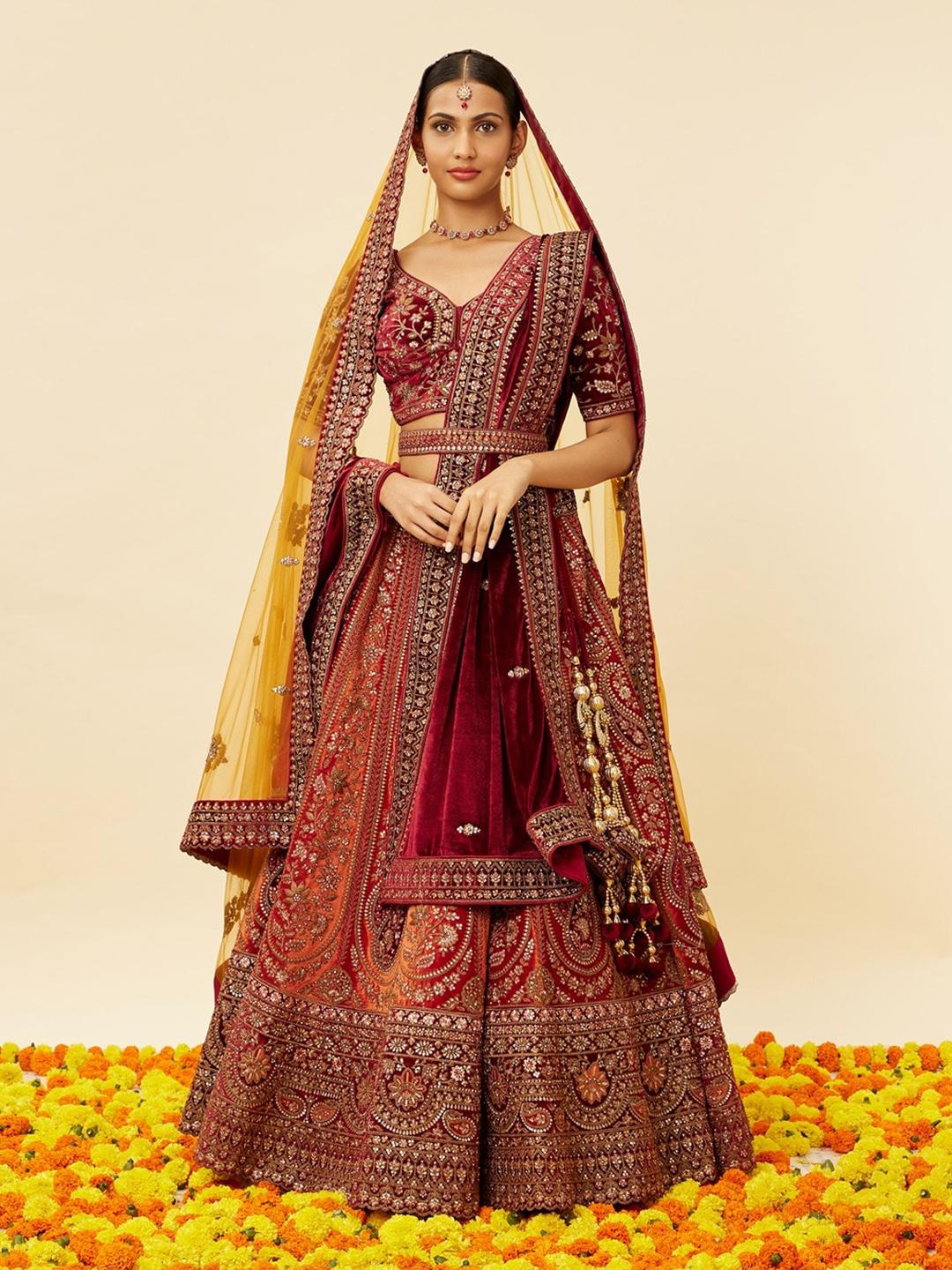 Buy MOHEY Embroidered Sequinned Velvet Semi-Stitched Lehenga
