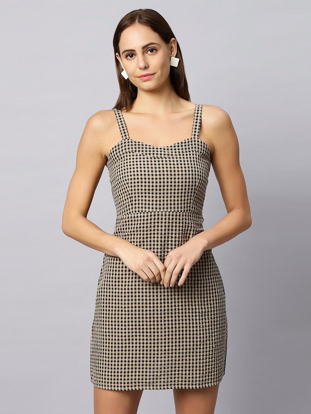 Buy DressBerry Beige Shoulder Straps Cotton Checked Sheath Opaque