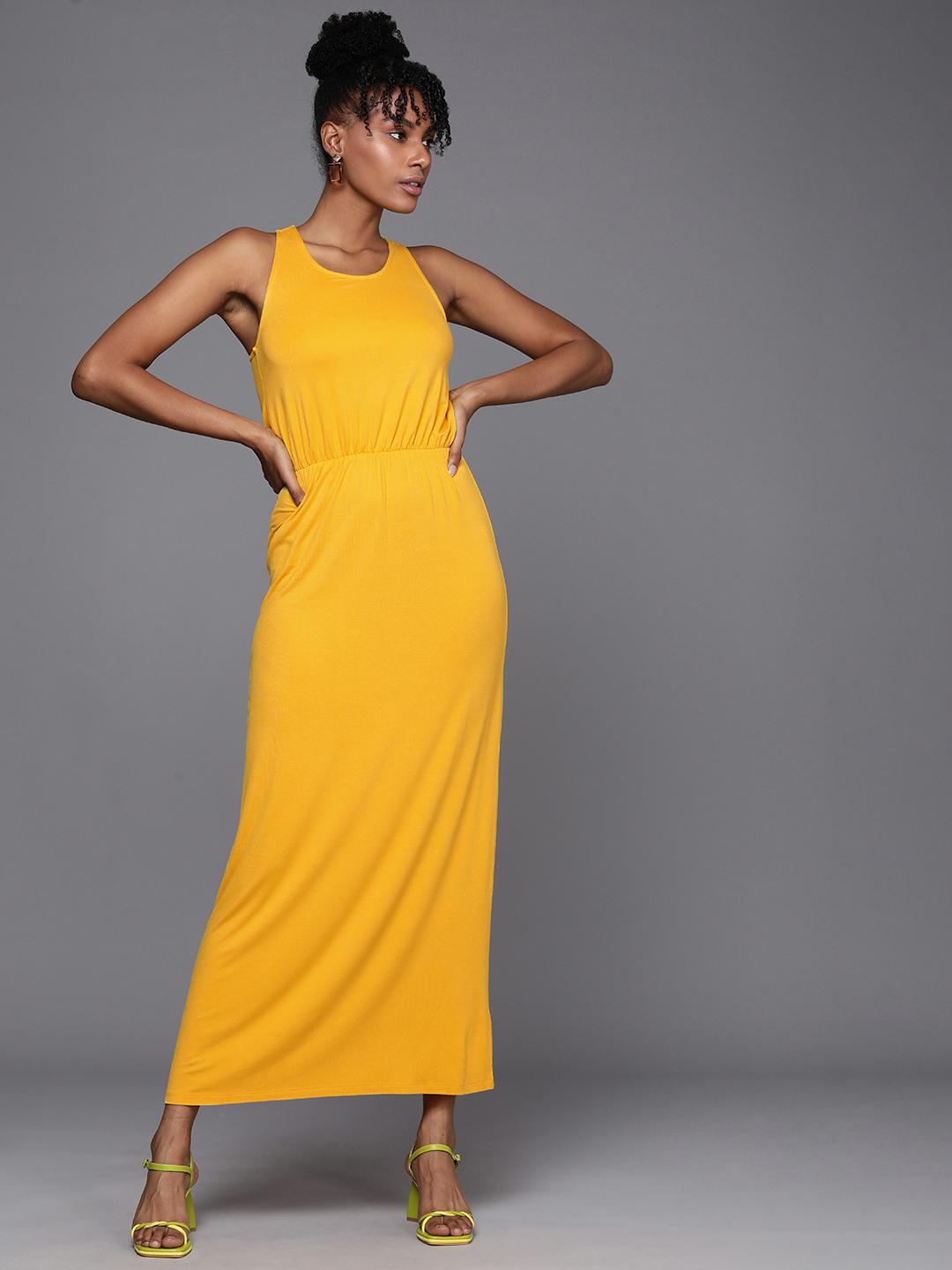 knee length dresses for ladies Rent Boohoo Chartreuse Satin Ruffle Plunge Maxi Dress