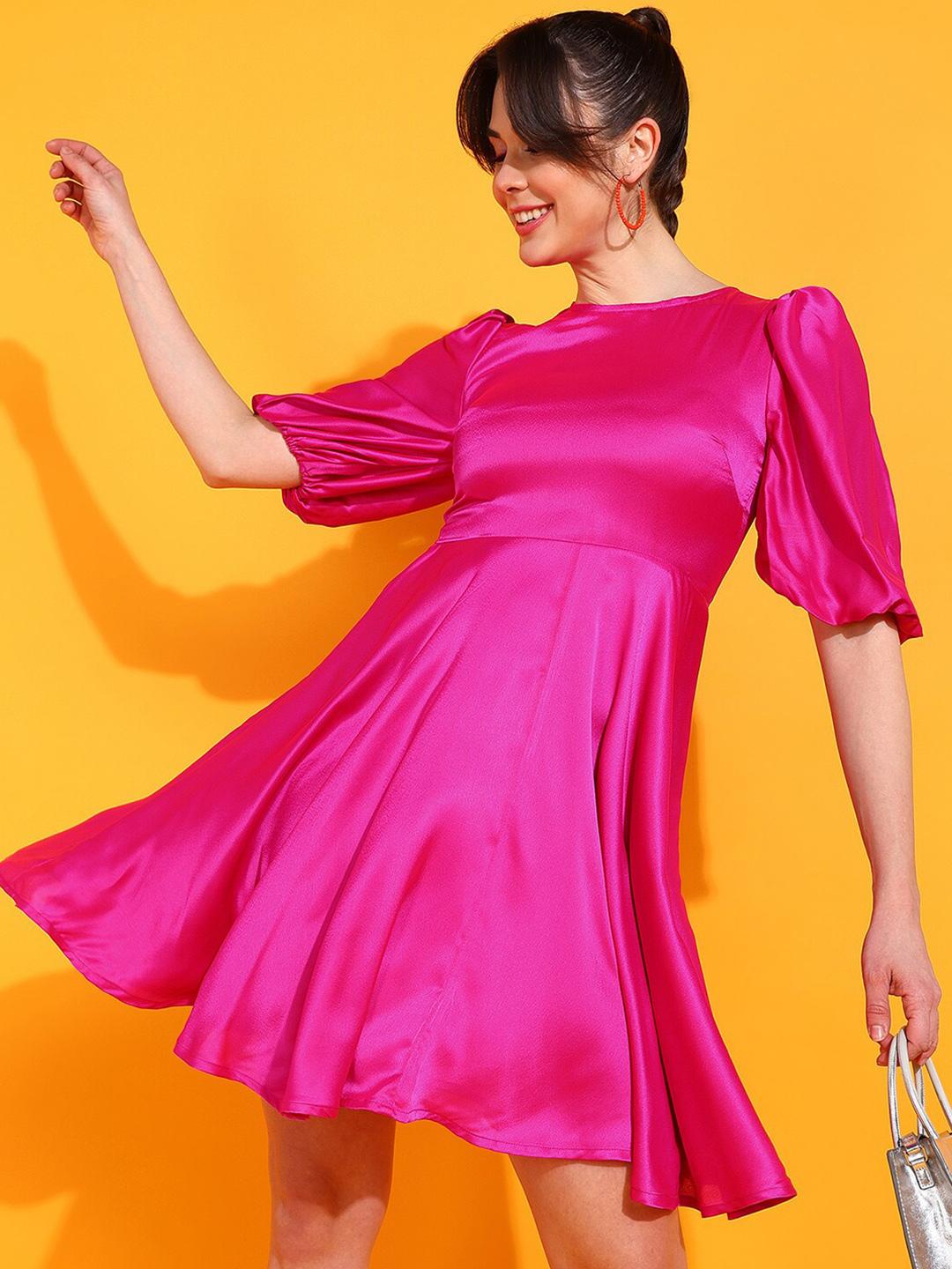 Buy DODO & MOA Pink Puff Sleeves Satin Fit & Flare Mini Dress
