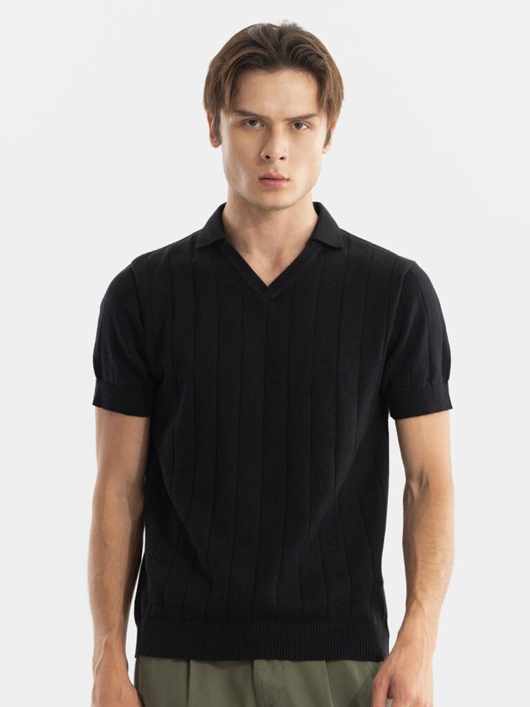 Snitch Black Ribbed Polo Collar Slim Fit Cotton T-shirt