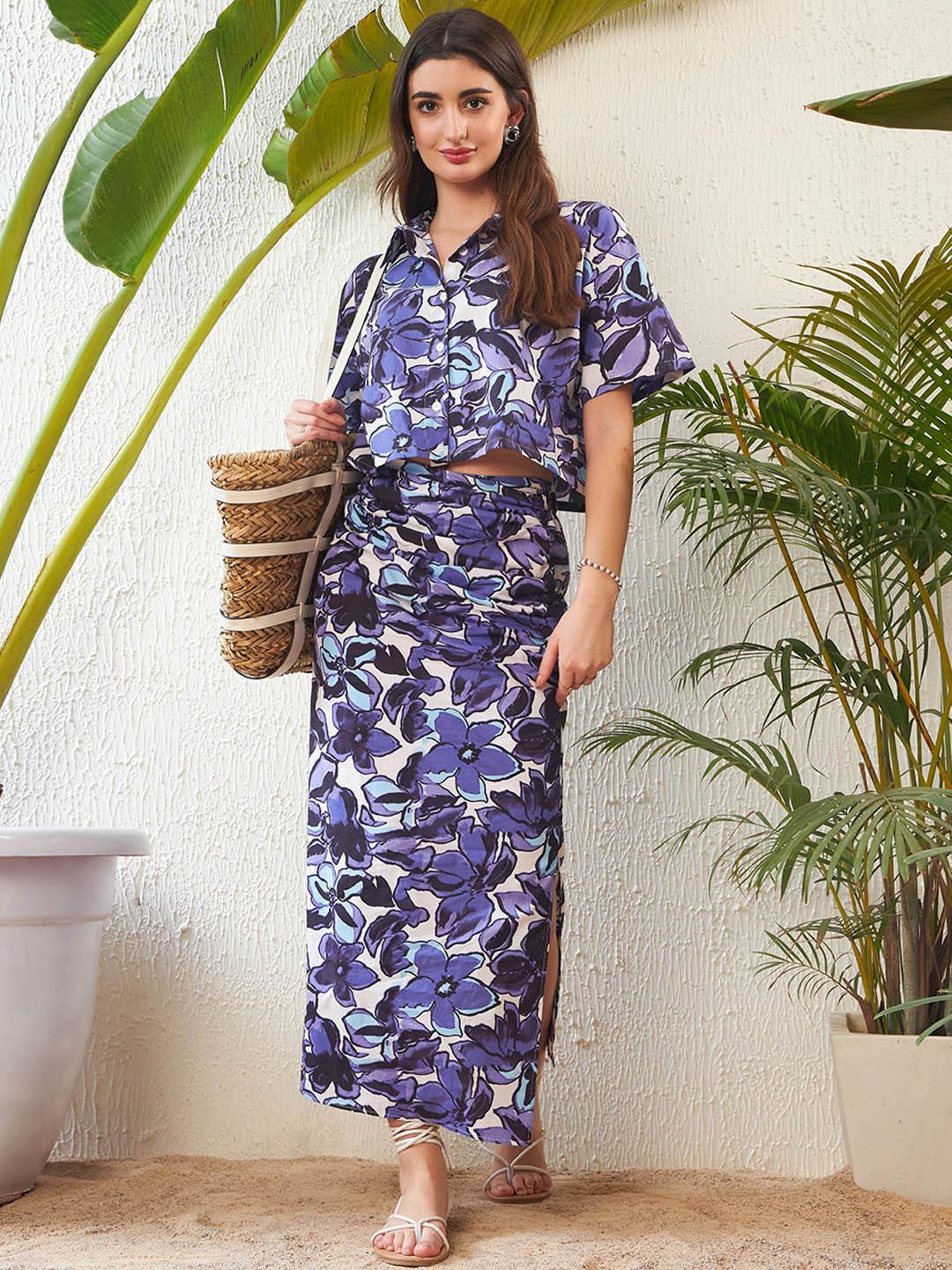 スカート Standcollar Marble Shirts skirt set Embroidered Stand Collar Top & High Waist Pleated Maxi Skirt