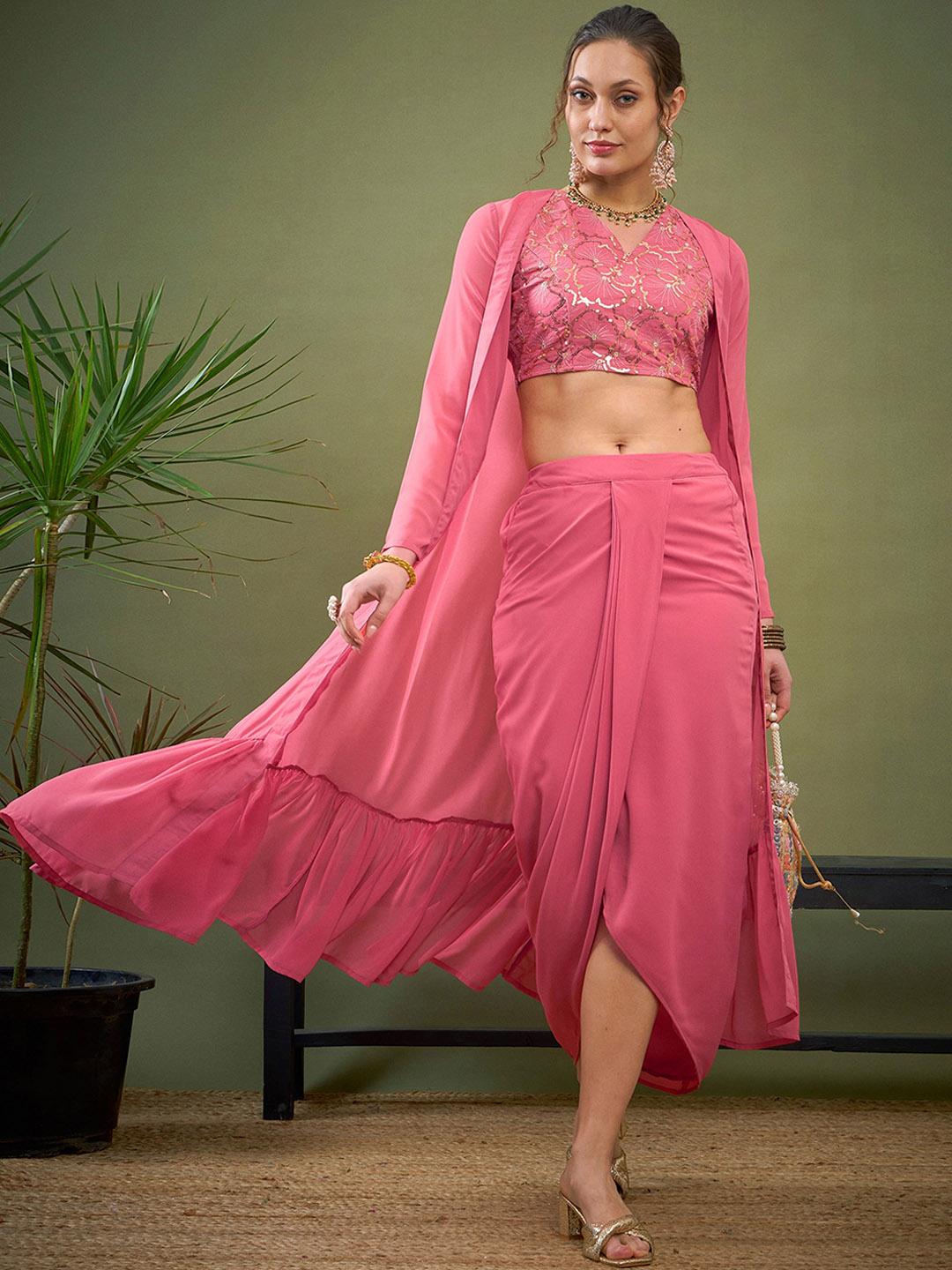 Buy Shae by SASSAFRAS Pink Embroidered Crop Top With Shrug Dhoti