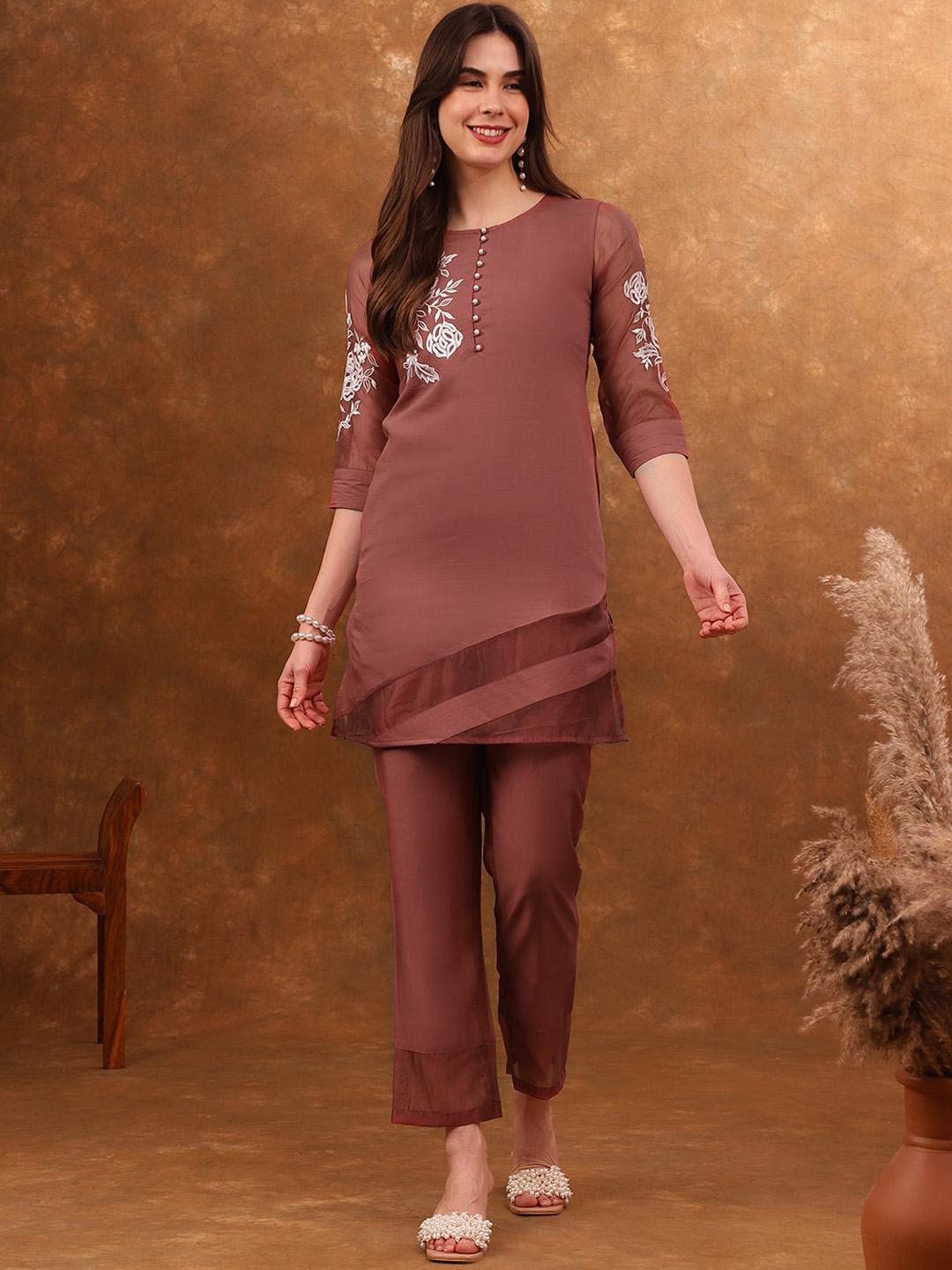 Buy Anouk Rust Brown Floral Embroidered Tunic With Trouser - Co