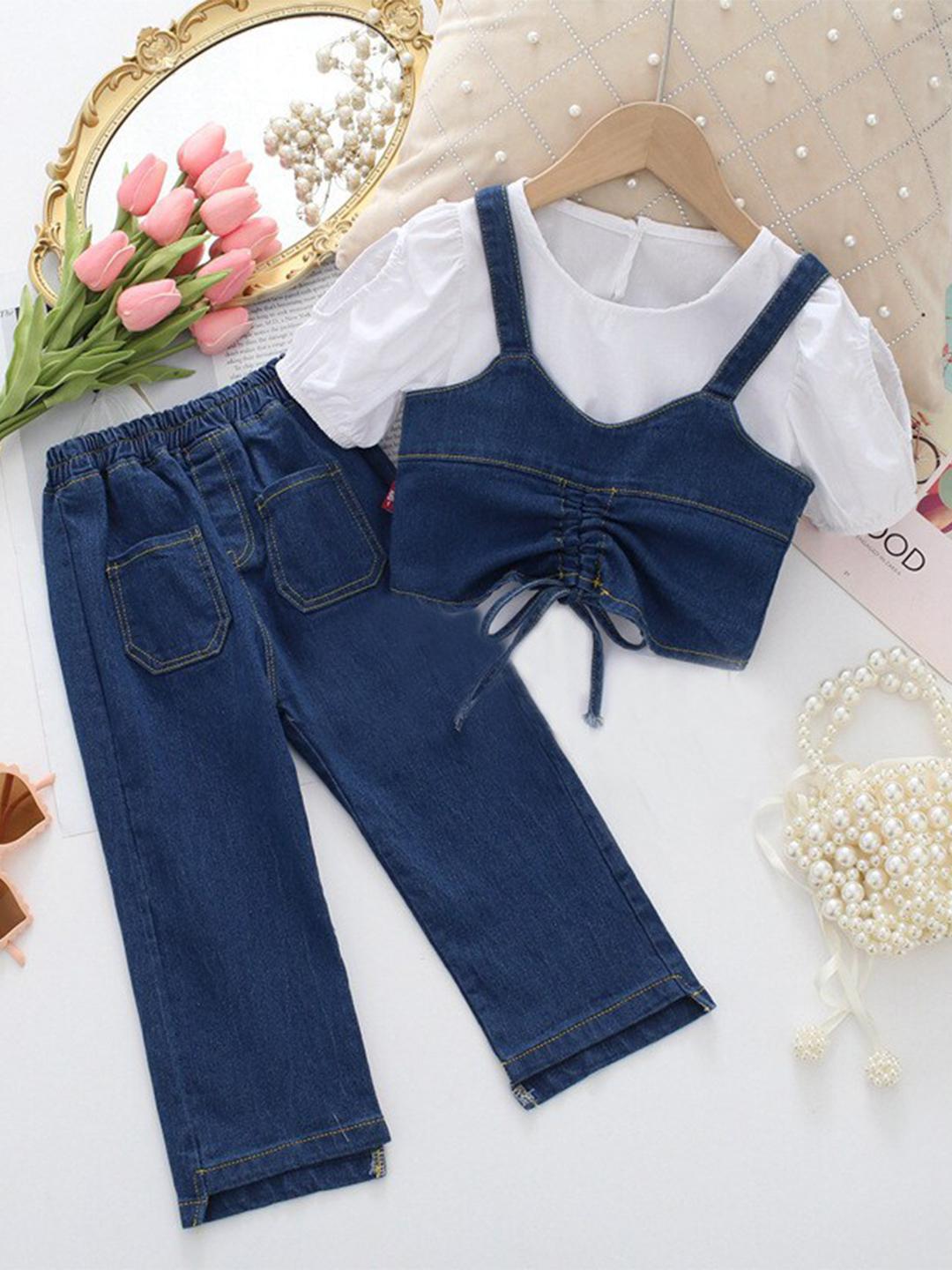 Buy INCLUD Girls Puff Sleeves Top With Jeans Denim Top