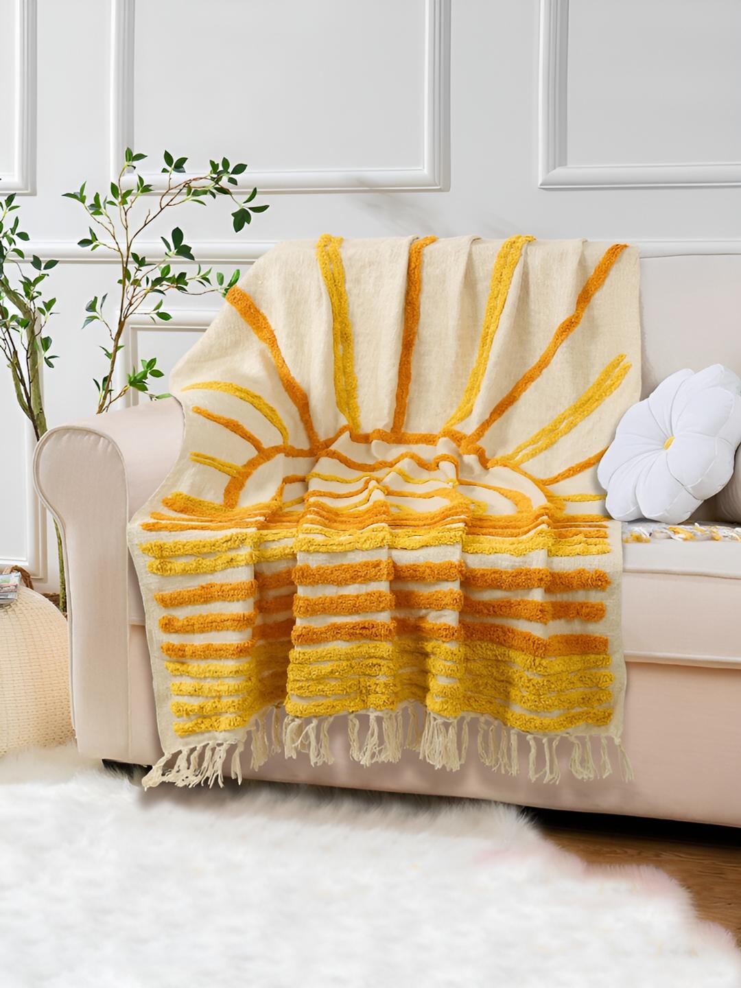 Buy eyda Cream Yellow Tufted Cotton Throw Blanket Throws for