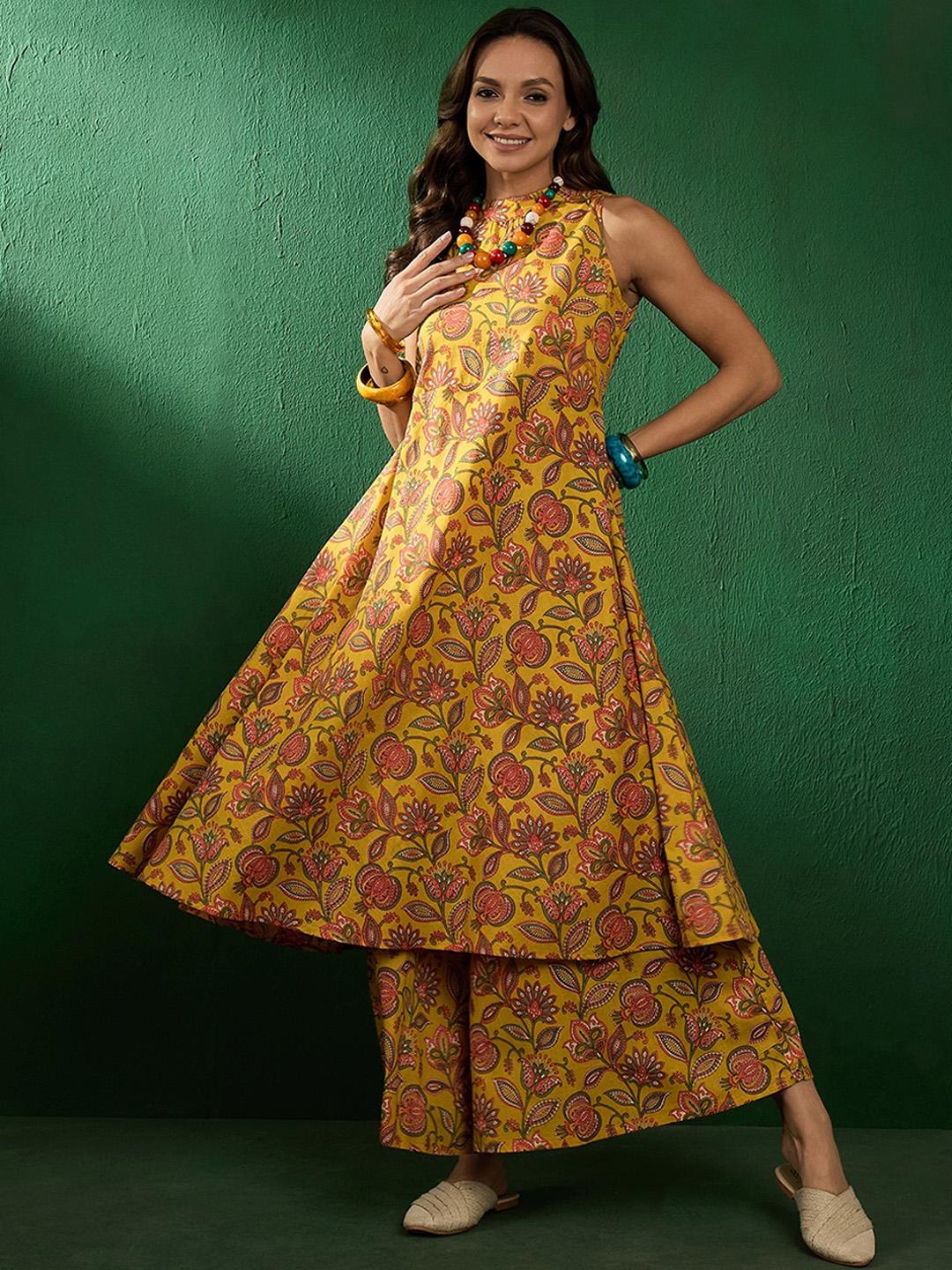 Buy Sangria Ajrakh Floral Printed Halter Neck Pure Cotton A-Line