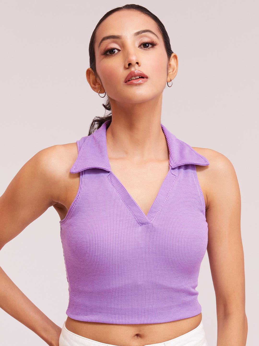 Buy BerryBird Shirt Collar Sleeveless Ribbed Knit Tank Crop Top