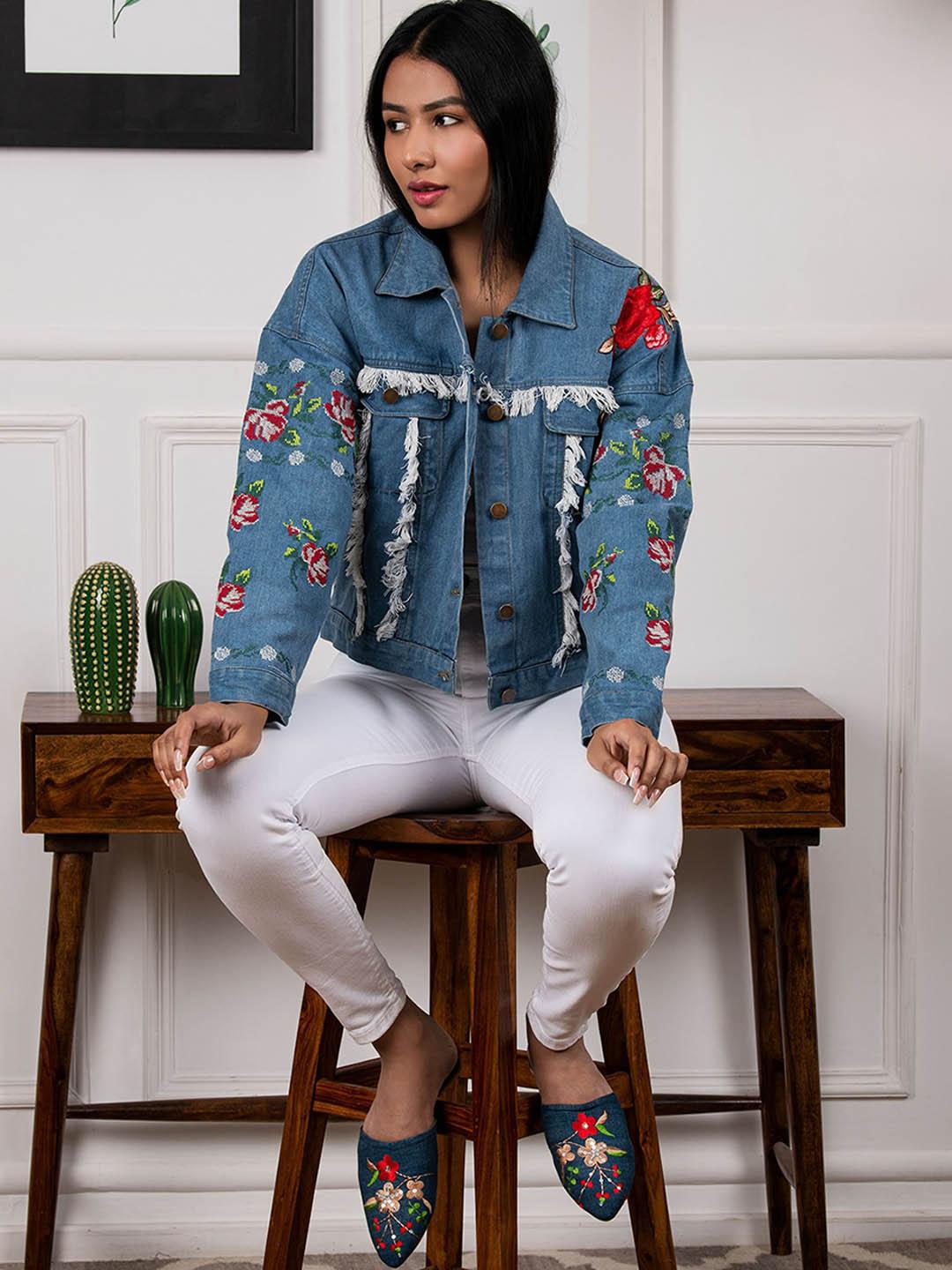 Buy Rhe-Ana Floral Embroidered Lightweight Denim Jacket - Jackets