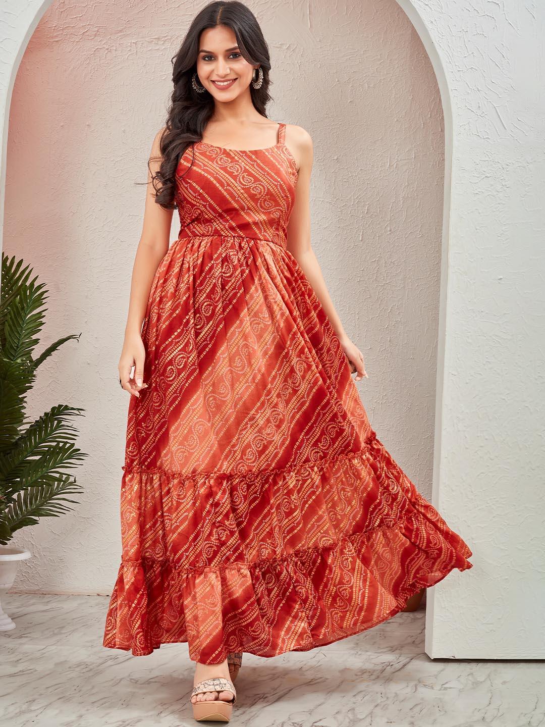 Buy Chandbaali Bandhani Printed Tiered Fit & Flared Midi Ethnic Dress -  Ethnic Dresses for Women 28206486 | Myntra