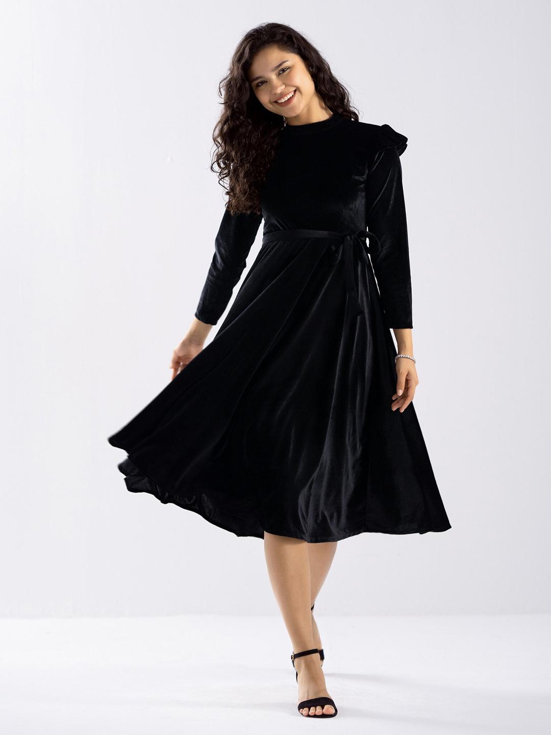 Buy AASK Puff Sleeves Velvet Fit & Flare Midi Dress With Belt