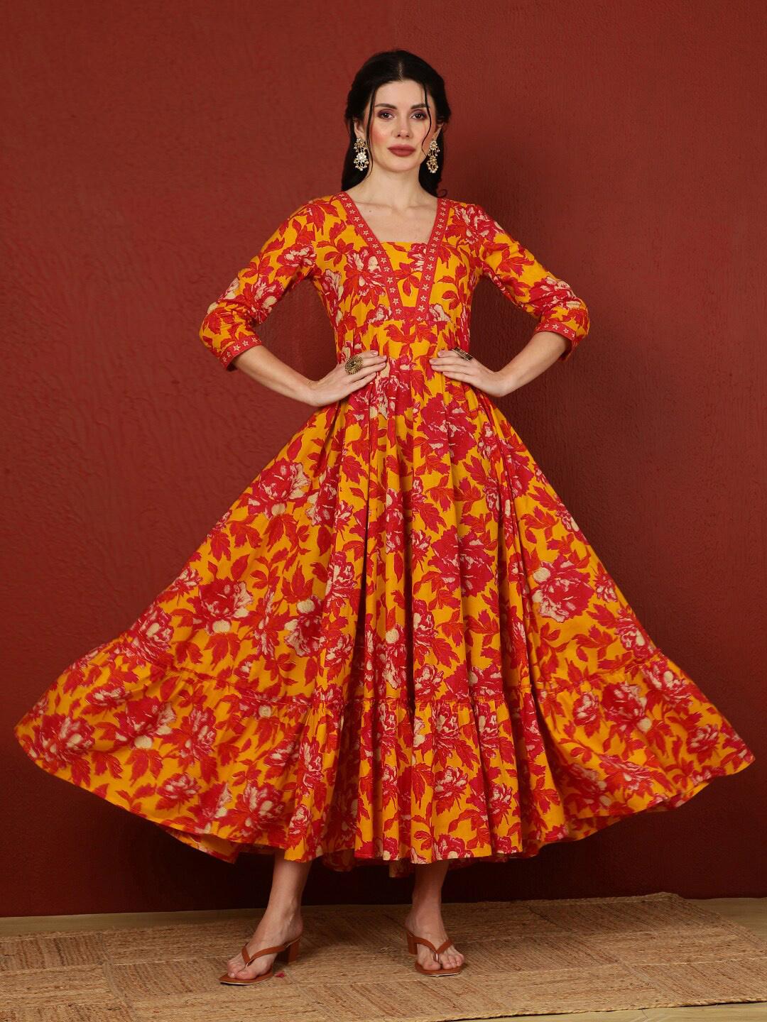 Women Ethnic Motifs Printed Flared Sleeves Mirror Work Kurta