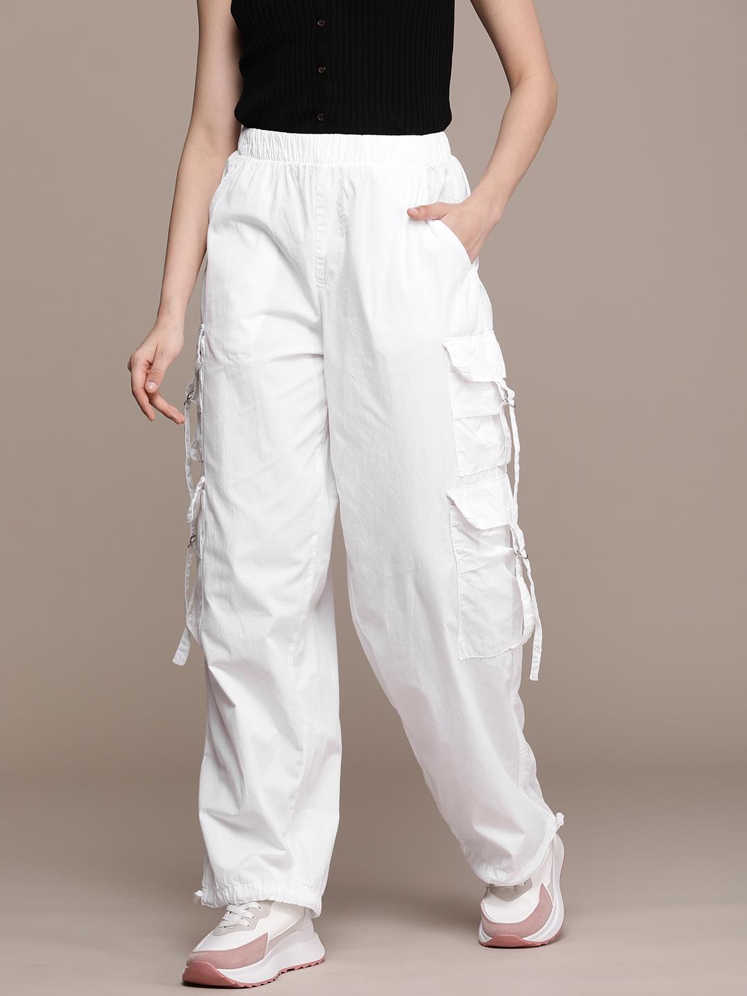 High Waist Wide Leg White Cargo Pants Women's High Rise Off-White