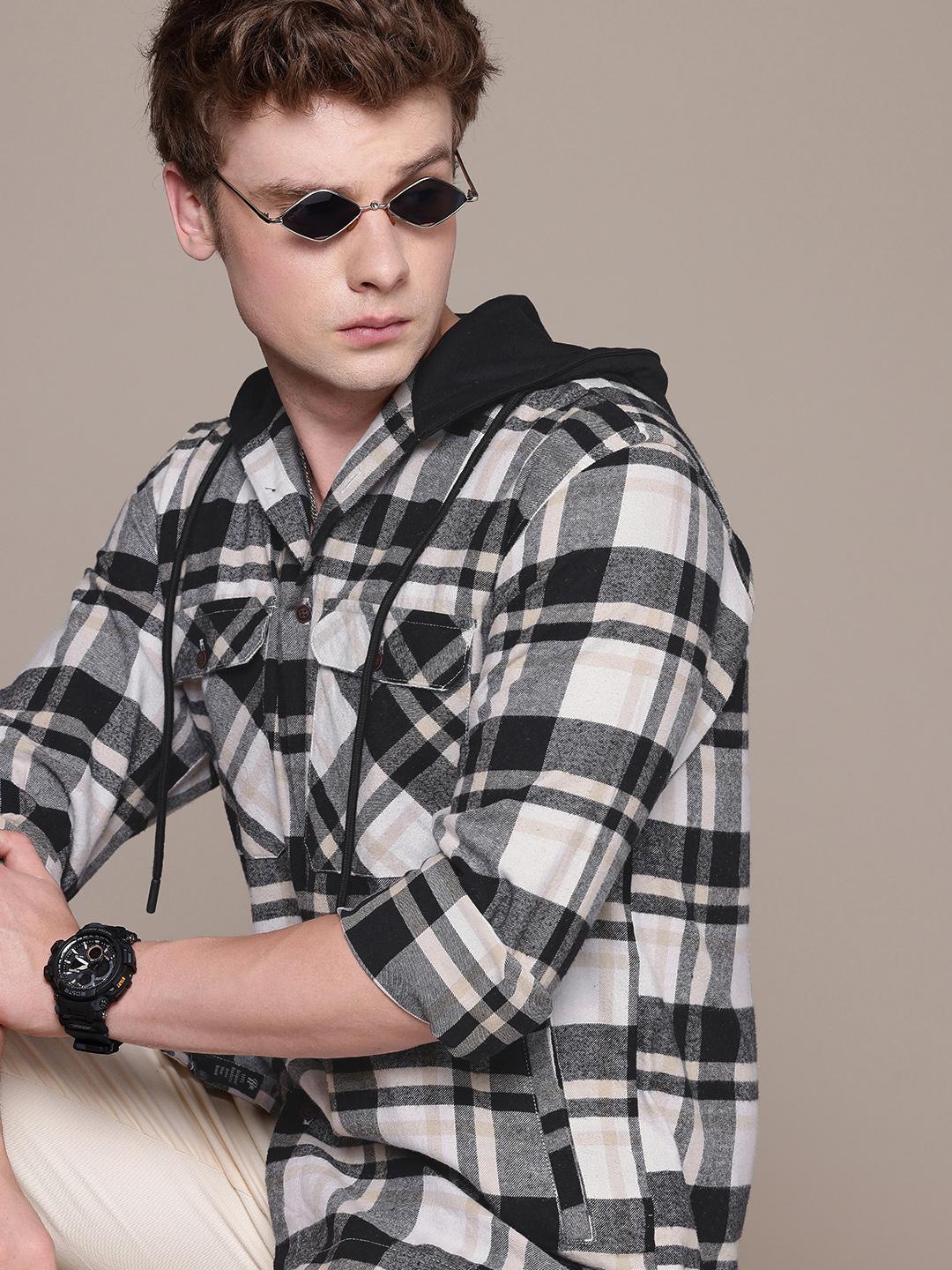 The Roadster Life Co. Relaxed Fit Hooded Checked Pure Cotton Casual Shirt - Image 1