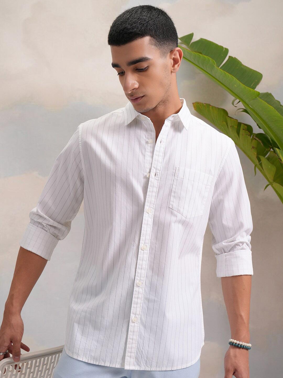 HIGHLANDER White Vertical Striped Casual Shirt - Image 1