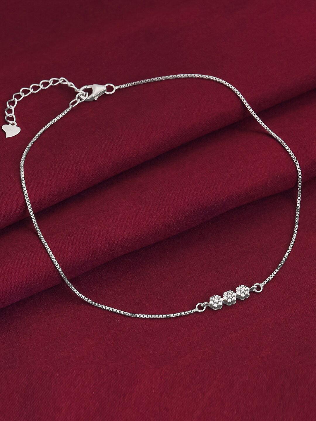 GIVA Rhodium-Plated 925 Sterling Silver Triple Flora Stone Anklet