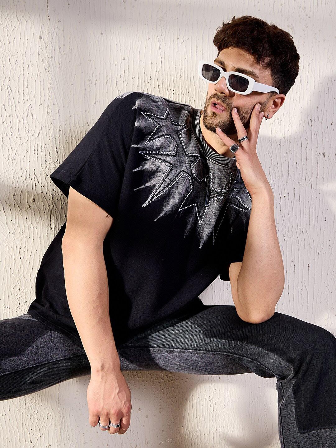 Buy FUGAZEE Black Ombre Star Embroidery Cotton Oversized Tshirt