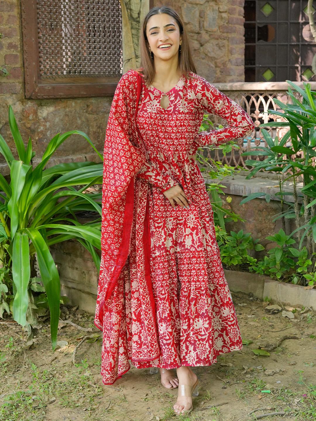 Libas Women's Pink Printed Cotton Anarkali Kurta Set