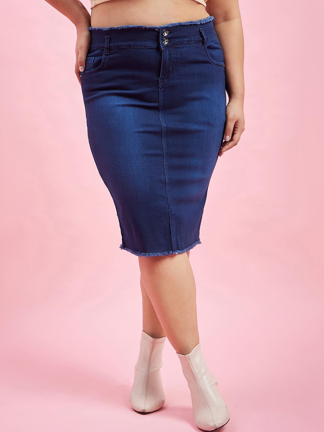 Buy Purple Feather Plus Size Pencil Knee Length Denim Skirt