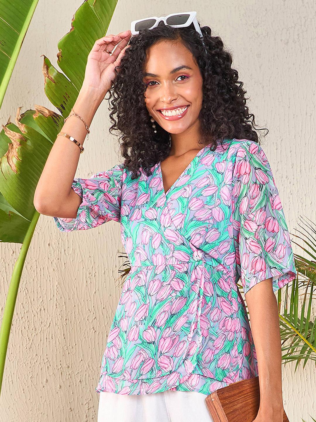 Buy SASSAFRAS Blue Floral Printed Georgette Peplum Top - Tops for