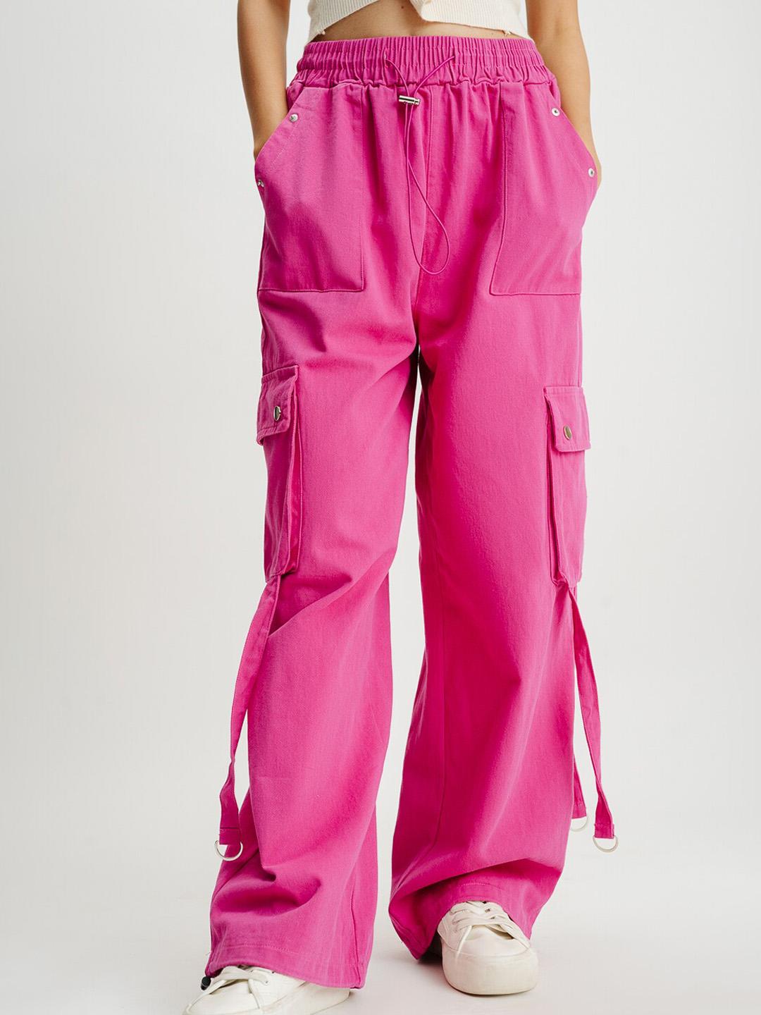 Buy FREAKINS Women Pink Straight Fit High-Rise Cotton Cargo