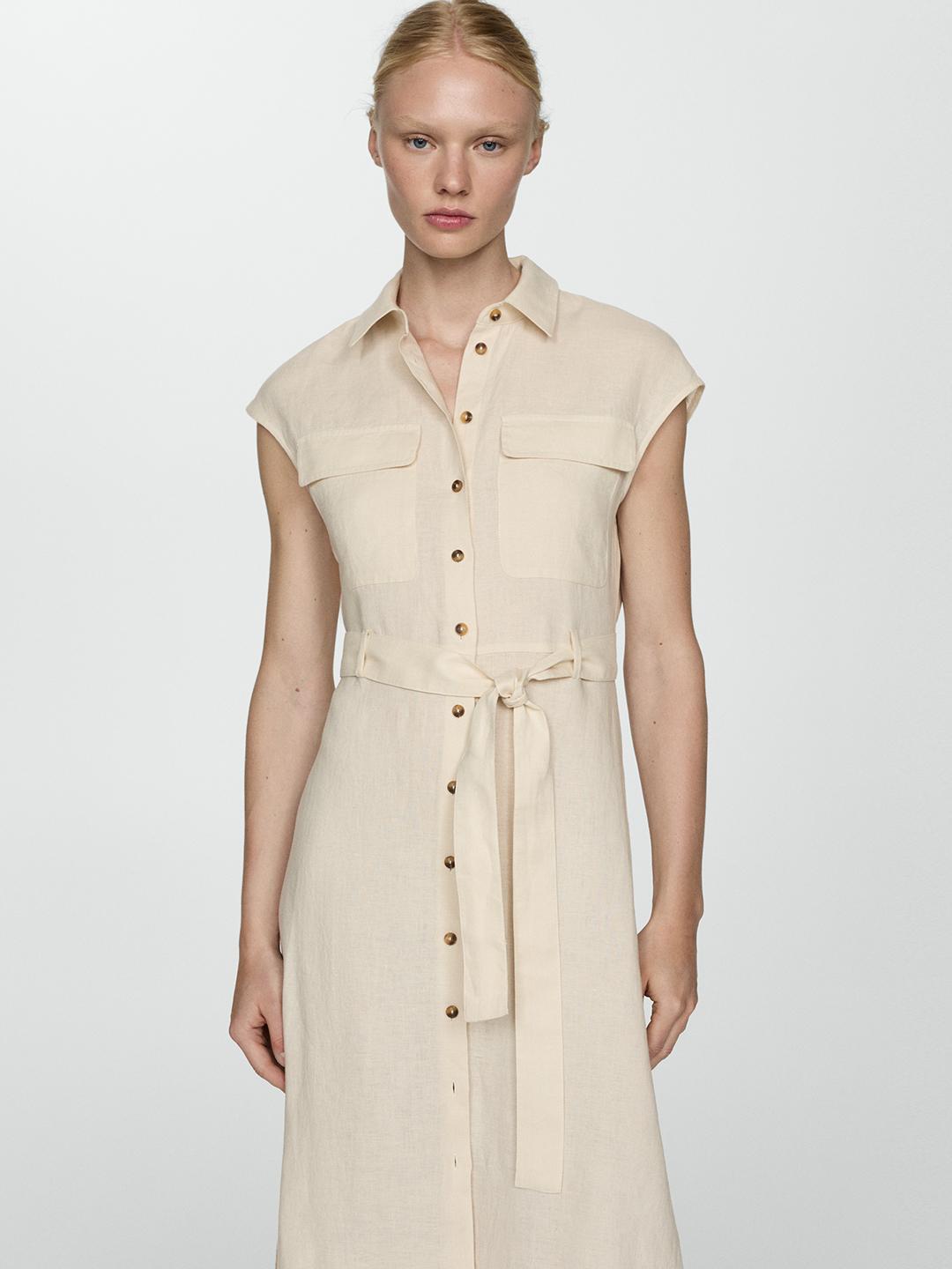 chinese dress ladies Linen and lyocell blend belted shirt dress
