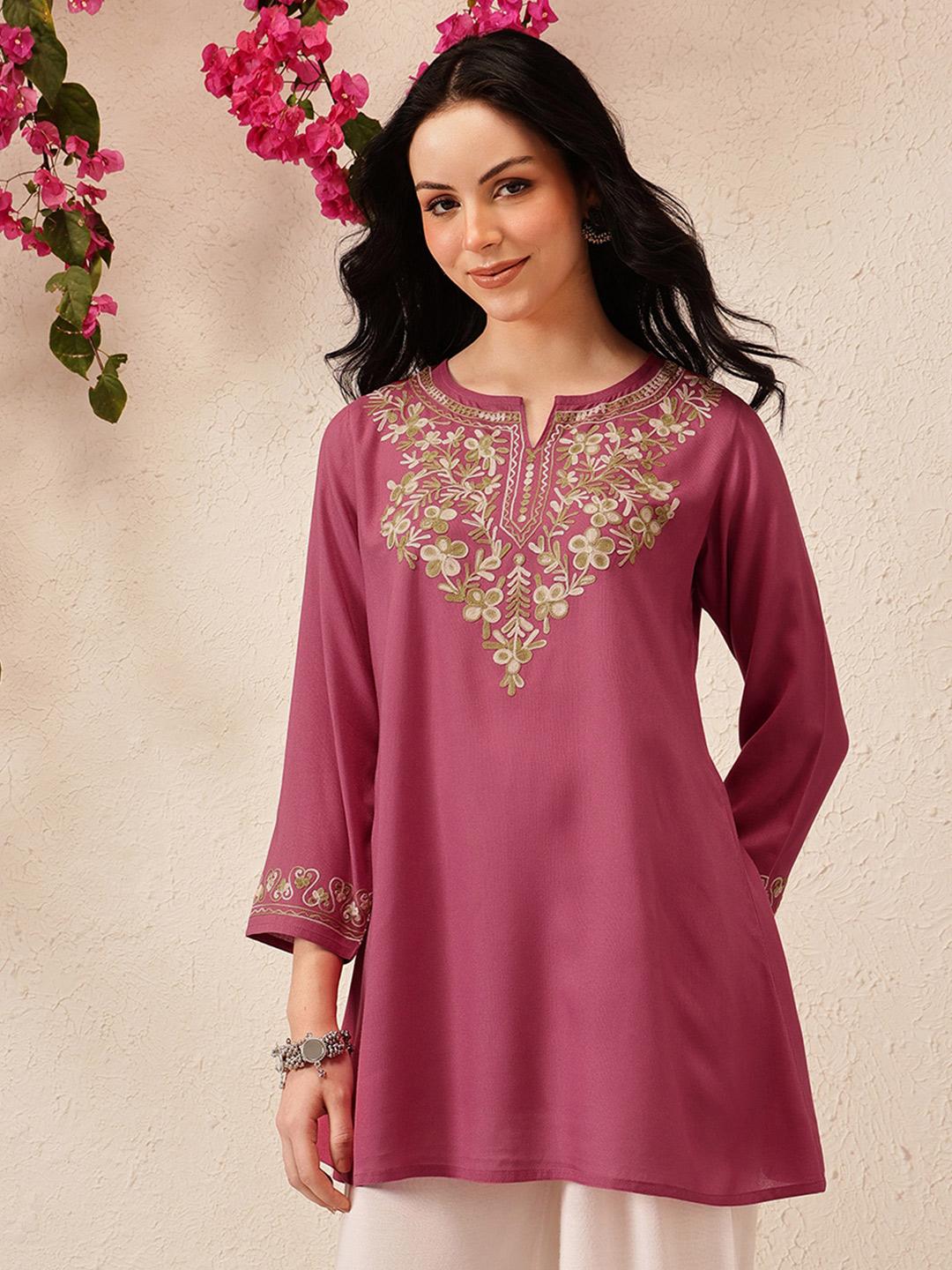 QAZMI Women Naila Kashmiri Floral Embroided Viscose Rayon Kurti