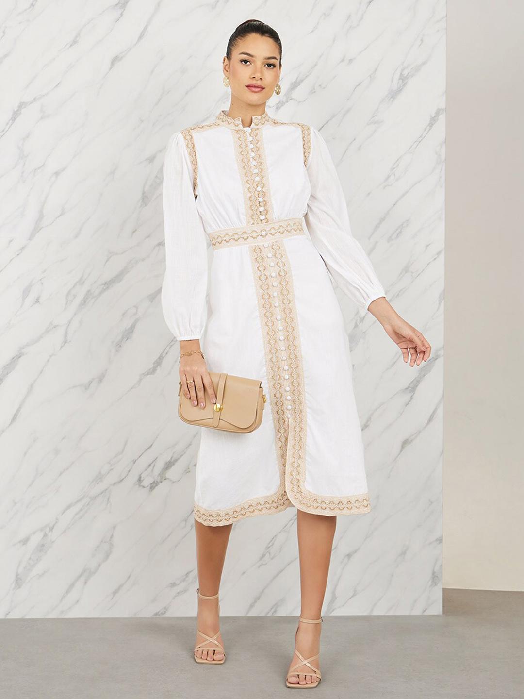 【 fray id 】EMBROIDERY LACE DRESS Buy Styli Off White Embroidered Lace Pure Cotton A-Line Midi Dress