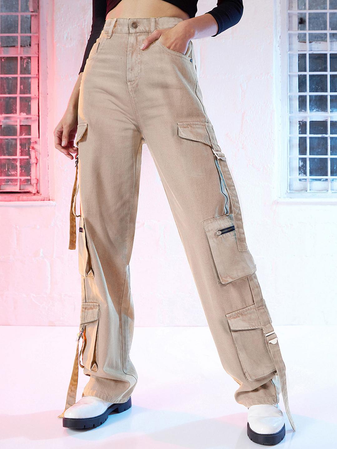 SASSAFRAS Women Beige Straight Fit High-Rise Acid Wash Pure Cotton Cargo  Jeans