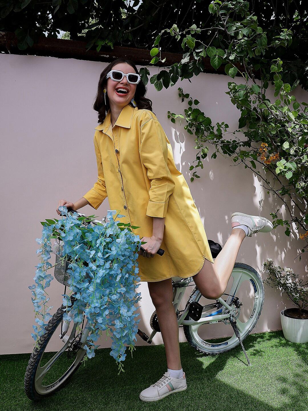 yellow denim dress The Painters Mini - Western Dream Denim Short Sleeve Mini Dress line skirt creating a twirl Yellow Floral Dress + Denim