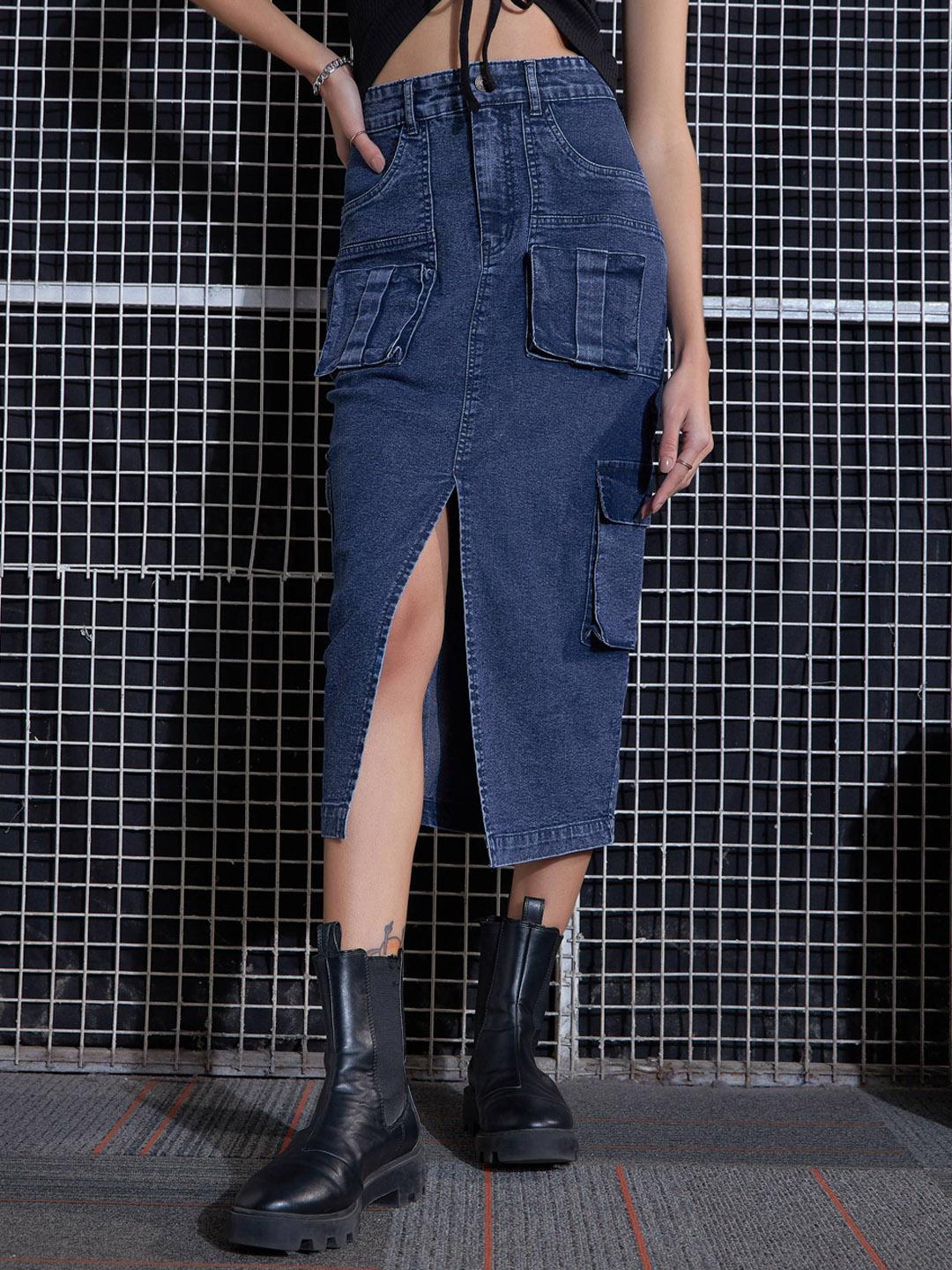 Buy SASSAFRAS Blue Box Pocket Detail Pencil Midi Skirt - Skirts