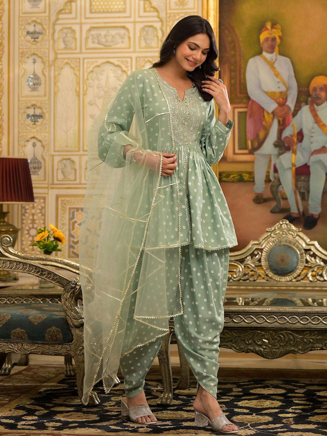 slim fit dress slacks Ira Powder Green Dhoti Pants Set – Sushram main image 1