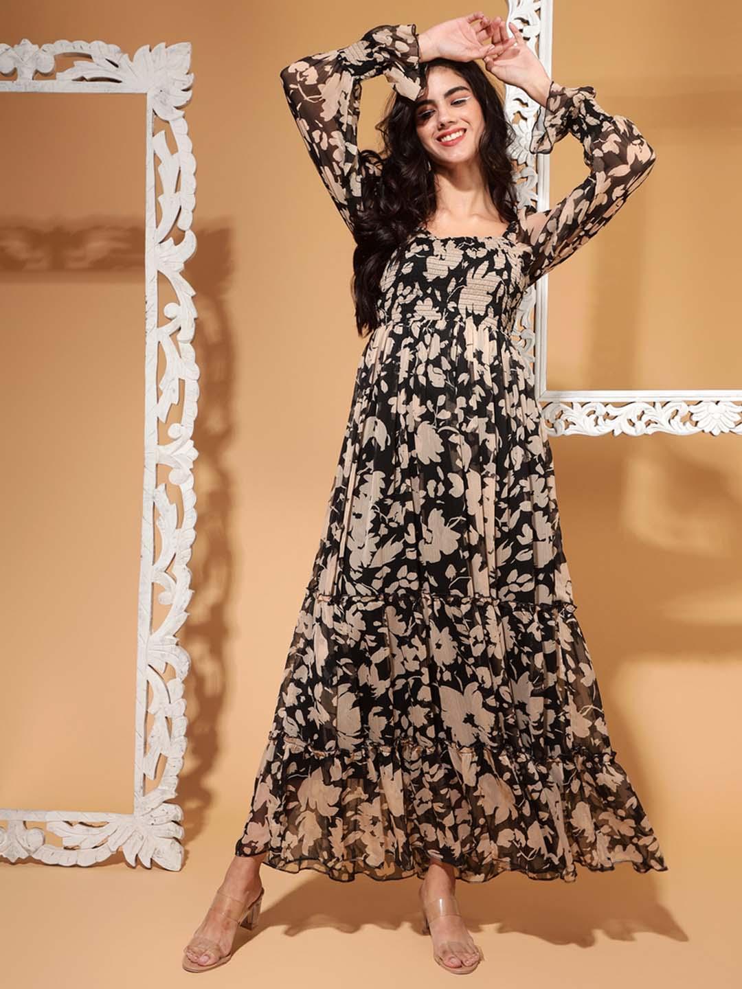 DRAPE AND DAZZLE Floral Print Puff Sleeve Chiffon Dress - Image 1