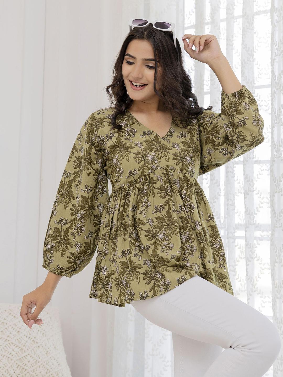 Nayo Floral Printed V-Neck Puff Sleeves Cotton Peplum Top