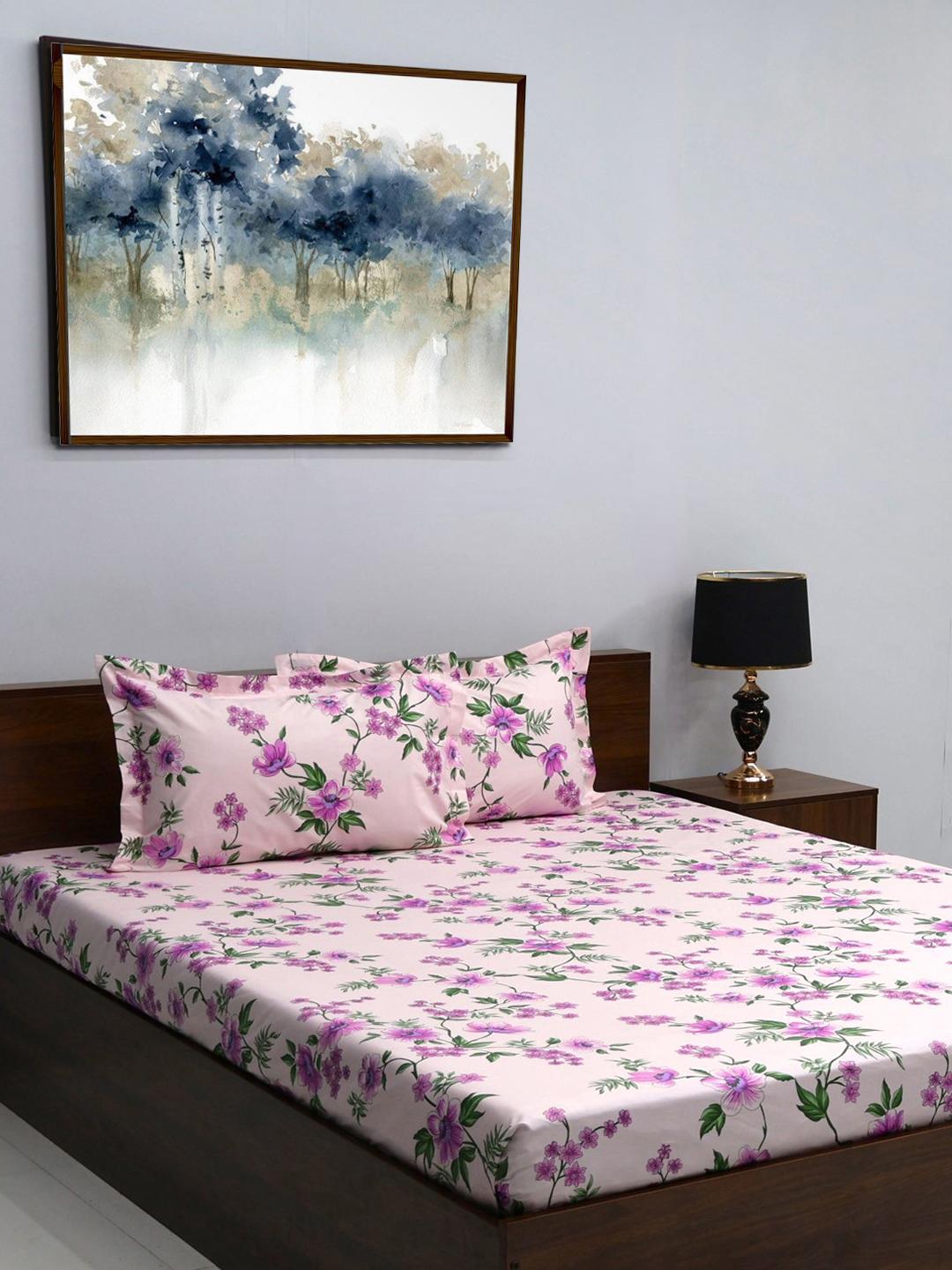 Buy BOMBAY DYEING White & Pink Floral 164 TC Cotton Queen Bedsheet