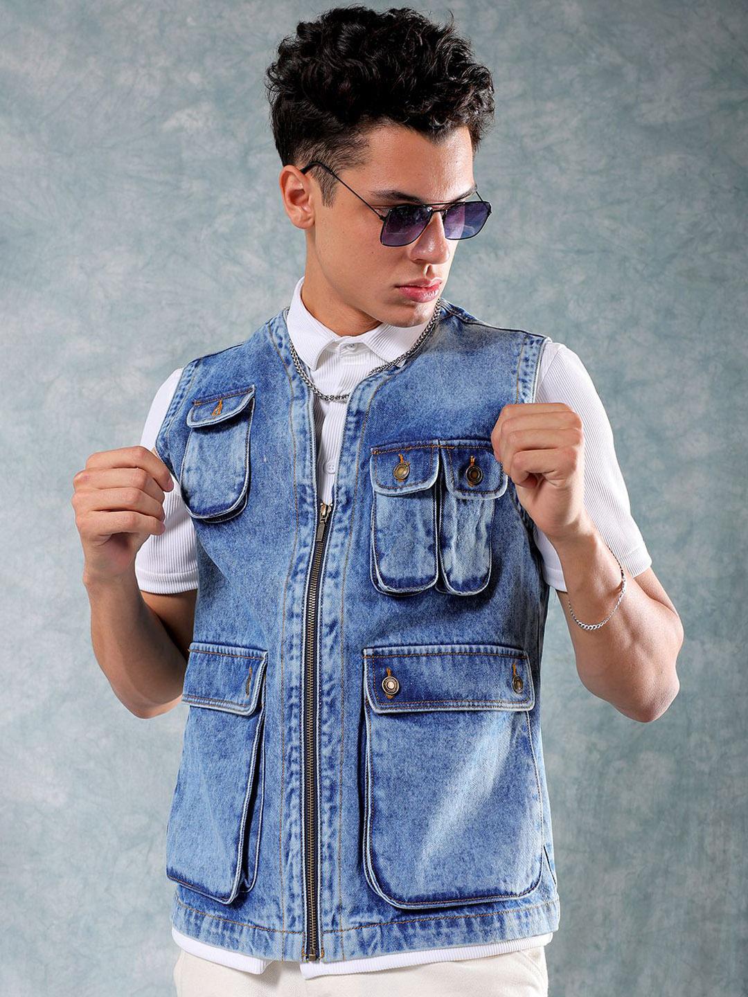 The Indian Garage Co Washed Collarless Pure Cotton Denim Jacket Blue - Image 1